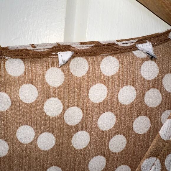 Calvin Klein Dress 14 Tan White Polka Dot Chiffon V-Neck Faux Wrap Lined Dress - Picture 3 of 12